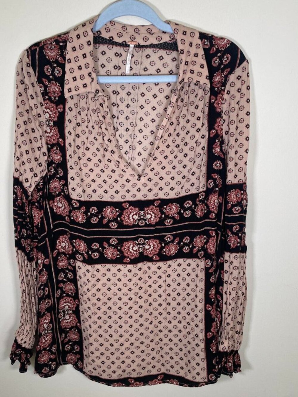 Free People Pattern Printed Long Sleeve Tunic Blouse with V Neck